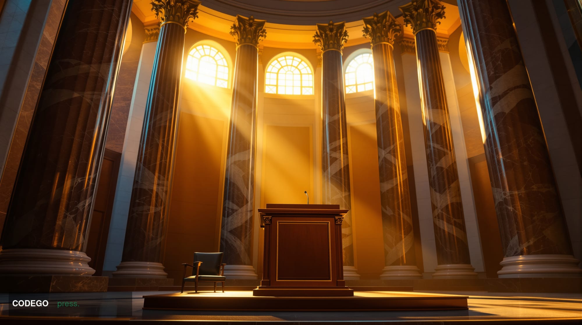 A cinematic editorial photograph set inside a grand Washington DC federal building interior — soaring neoclassical marble col
