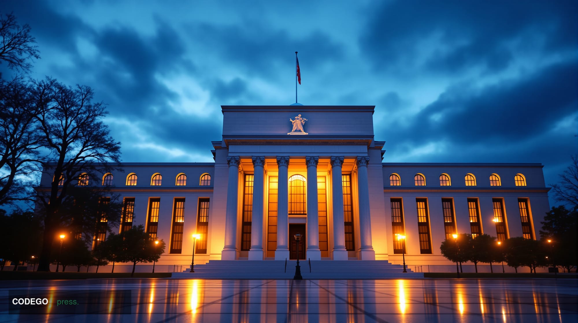 A photorealistic cinematic editorial photograph of the neoclassical Eccles Building in Washington D.C. — the Federal Reserve'