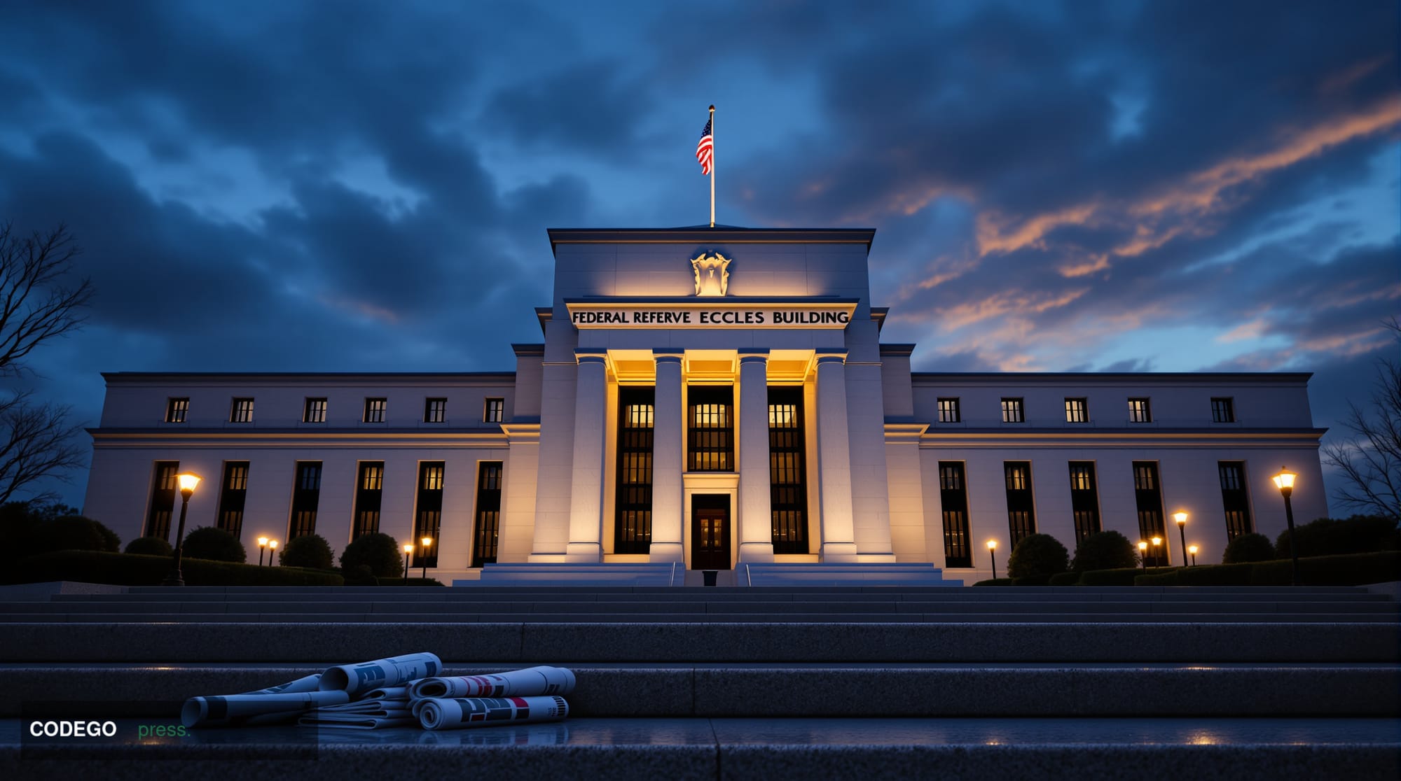 A wide-angle cinematic shot of the Federal Reserve's Eccles Building in Washington D.C. photographed at dusk from a low groun