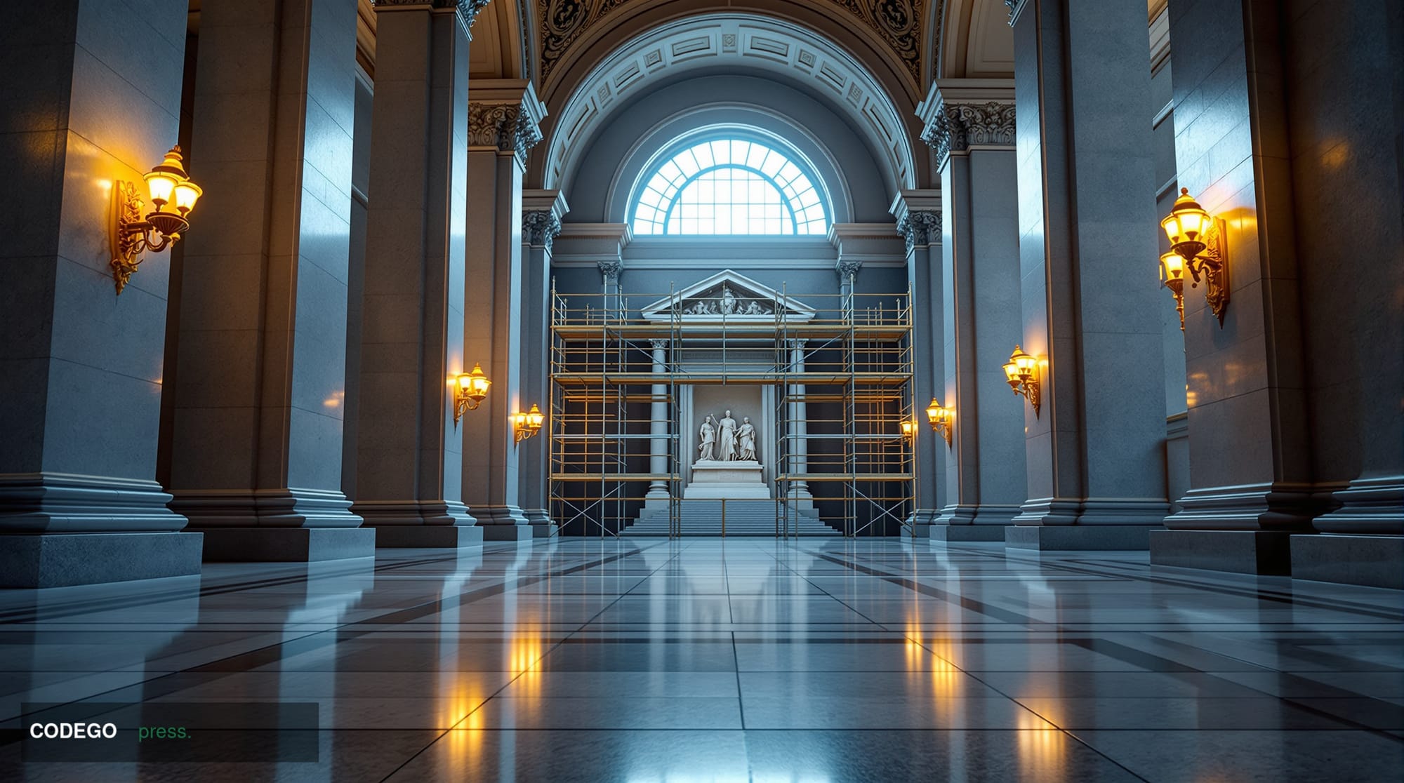 A grand, neoclassical federal building interior corridor photographed from a low angle, its marble columns and vaulted stone 