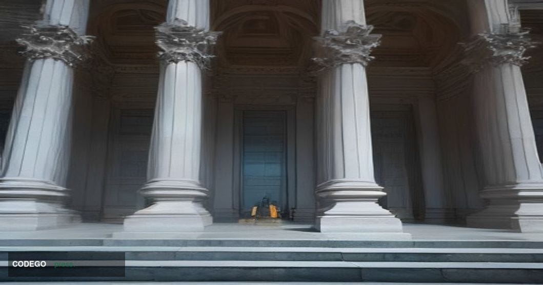 A dramatic low-angle shot of a monumental federal courthouse exterior at dusk, its neoclassical stone columns bathed in cool 