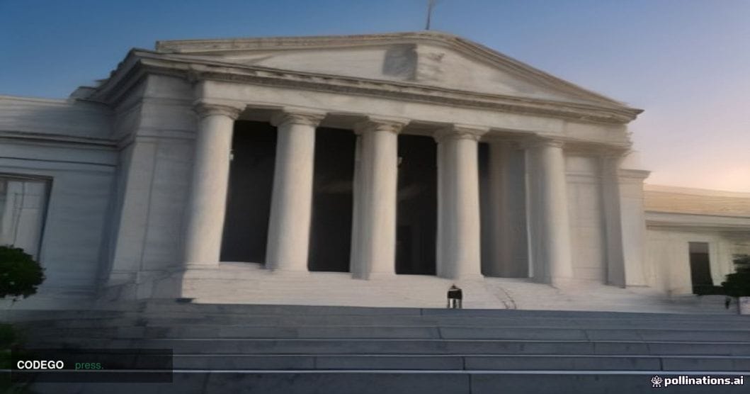 A wide-angle cinematic shot of the Federal Reserve's imposing neoclassical marble headquarters in Washington D.C. at dusk, ph
