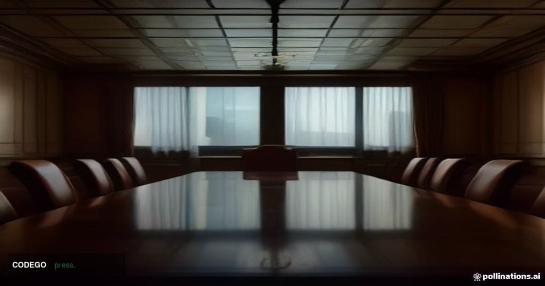 A dramatic cinematic editorial photograph set inside a grand Federal Reserve boardroom at twilight, shot from a low-angle per