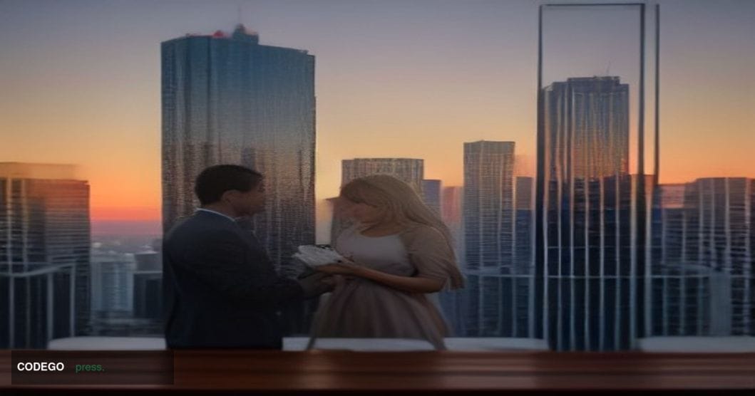 A cinematic editorial photograph shot at golden hour in Miami's financial district, with a foreground of worn but dignified h