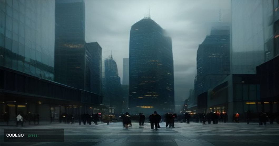 A cold, overcast Warsaw cityscape at dusk photographed from street level, with a sleek glass-and-steel financial district off