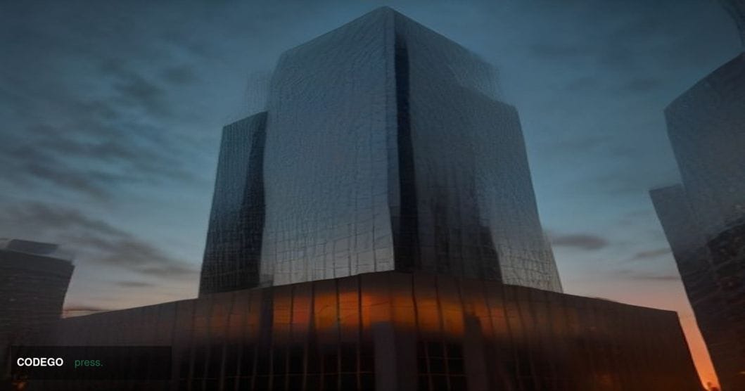 A cinematic editorial photograph of a grand Midwestern American bank headquarters exterior at dusk, shot from a low wide-angl