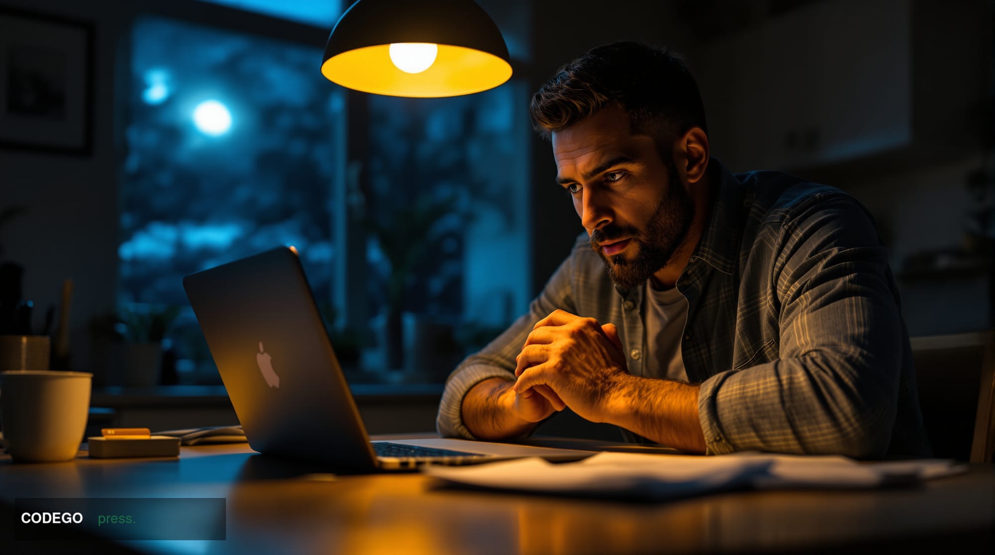 A cinematic editorial photograph shot from a low angle looking up at a man in his mid-30s sitting at a modest kitchen table l