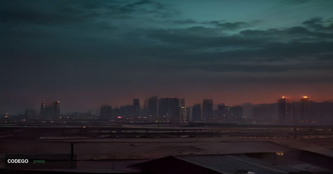 A cinematic editorial photograph depicting a dramatic dusk skyline over a dense Southeast Asian urban landscape, with shadowy