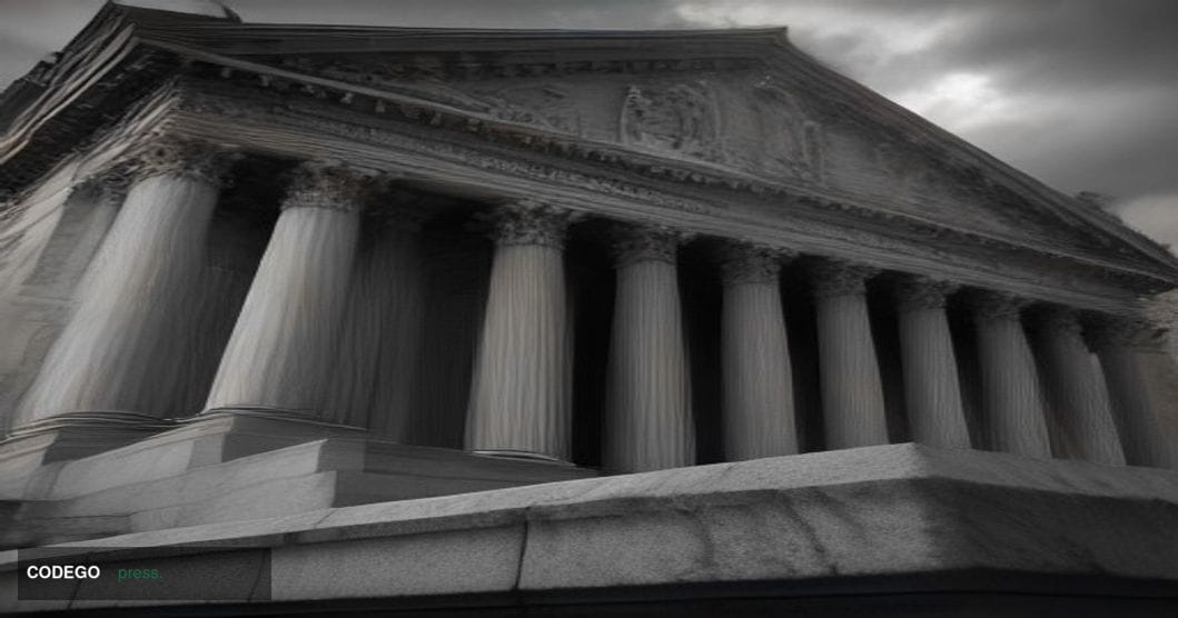 A cinematic editorial photograph shot from a low angle looking up at the imposing neoclassical stone facade of the U.S. Treas