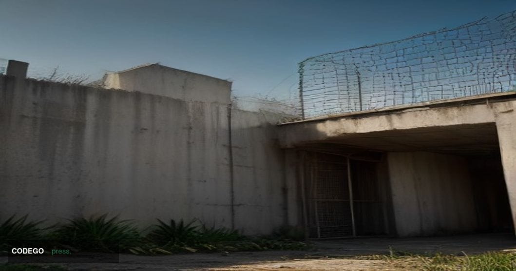 A cinematic editorial photograph taken at low angle looking up at a fortified industrial compound complex in a dense tropical
