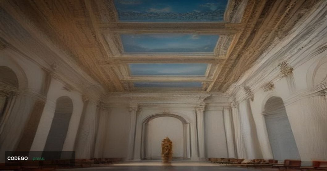 A dramatic wide-angle editorial photograph of a grand neoclassical banking hall interior at dusk, shot from floor level looki