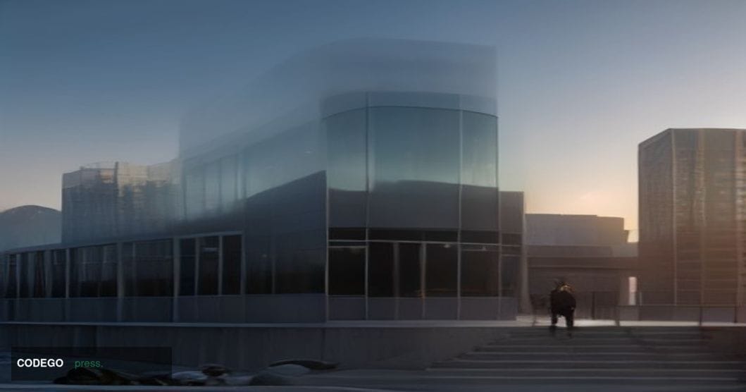 A cinematic editorial photograph of a sleek, modern mid-rise bank branch exterior set against the dramatic backdrop of the Ro