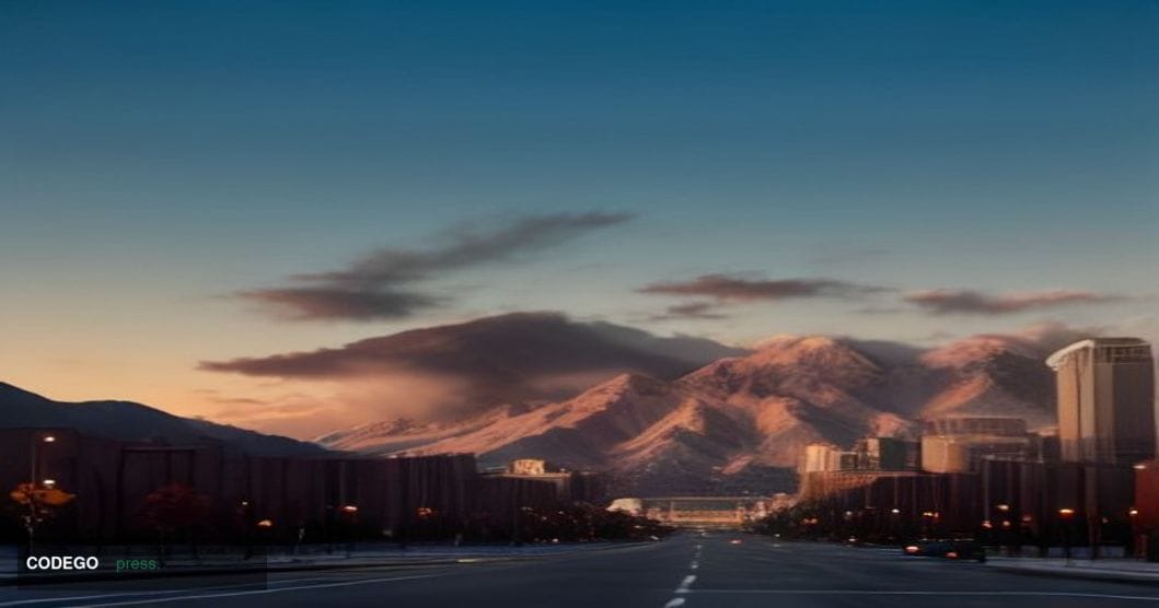 A cinematic editorial photograph depicting the skyline of Denver, Colorado at golden hour, with the Rocky Mountains as a dram