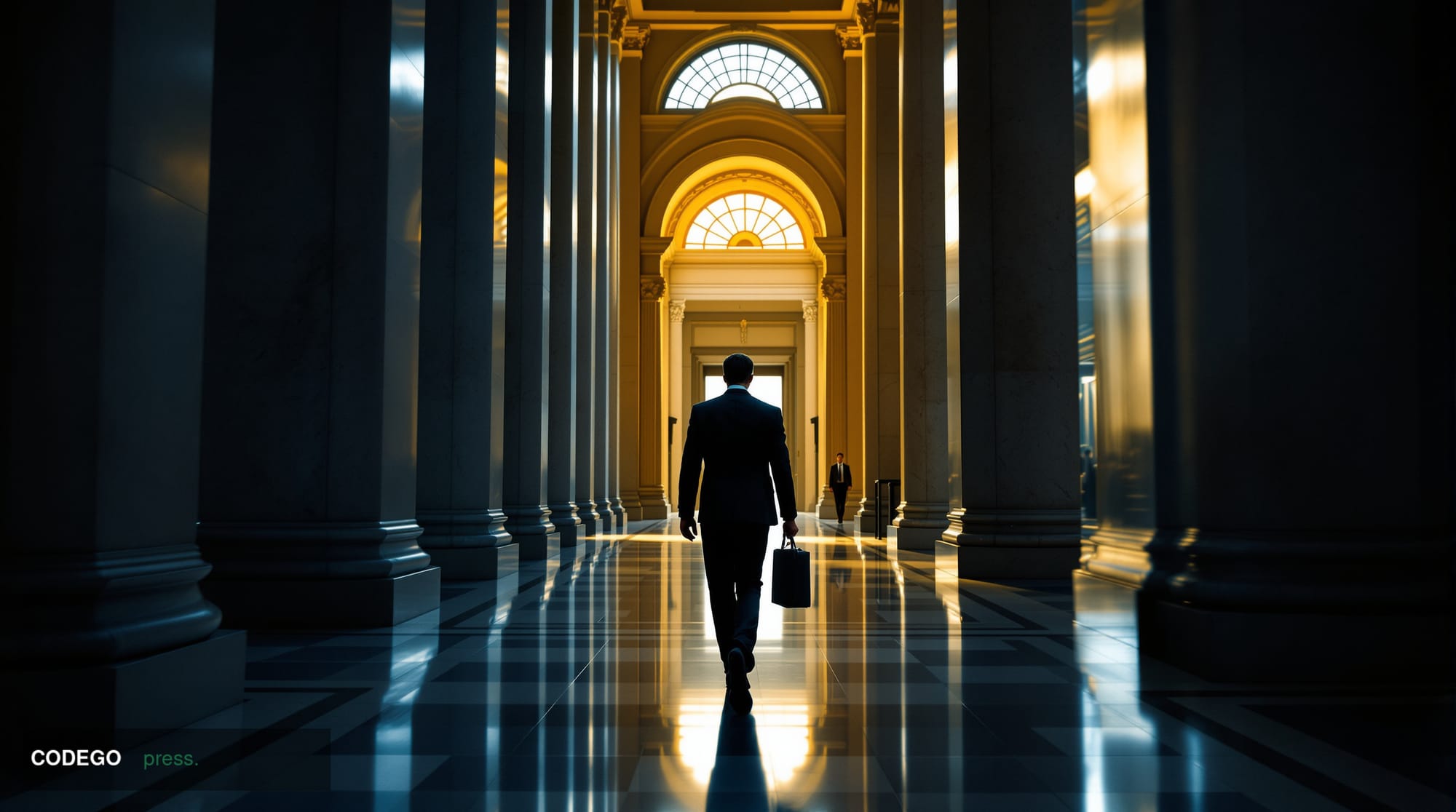 A dramatic cinematic editorial photograph set inside a modern federal courthouse corridor in lower Manhattan, with tall marbl