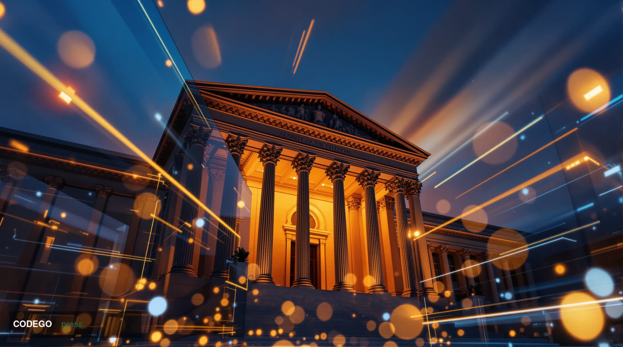 A cinematic editorial photograph depicting a grand neoclassical government building — modeled on Washington D.C. federal agen