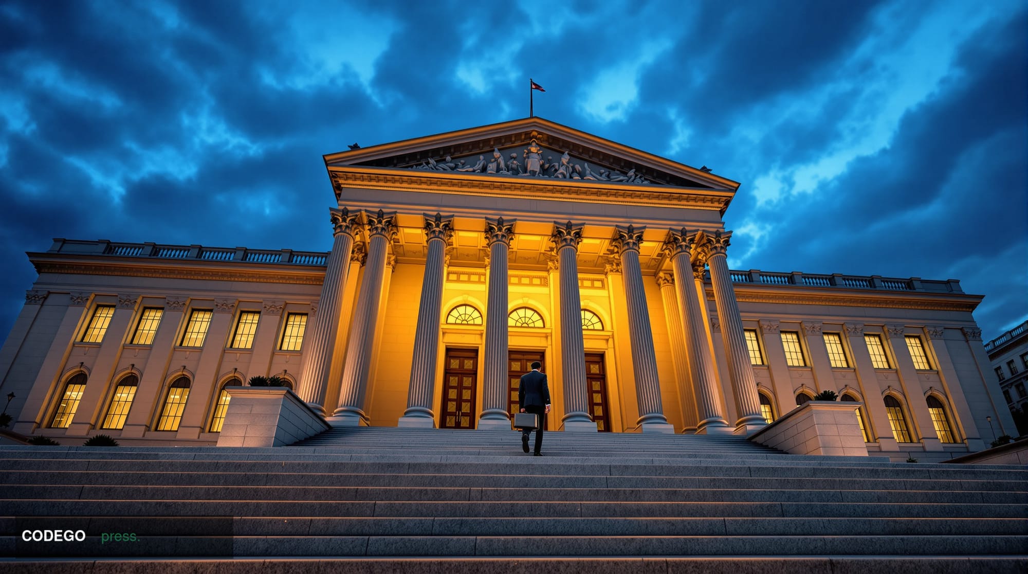 A photorealistic cinematic editorial photograph depicting the imposing neoclassical stone facade of a Washington D.C. federal