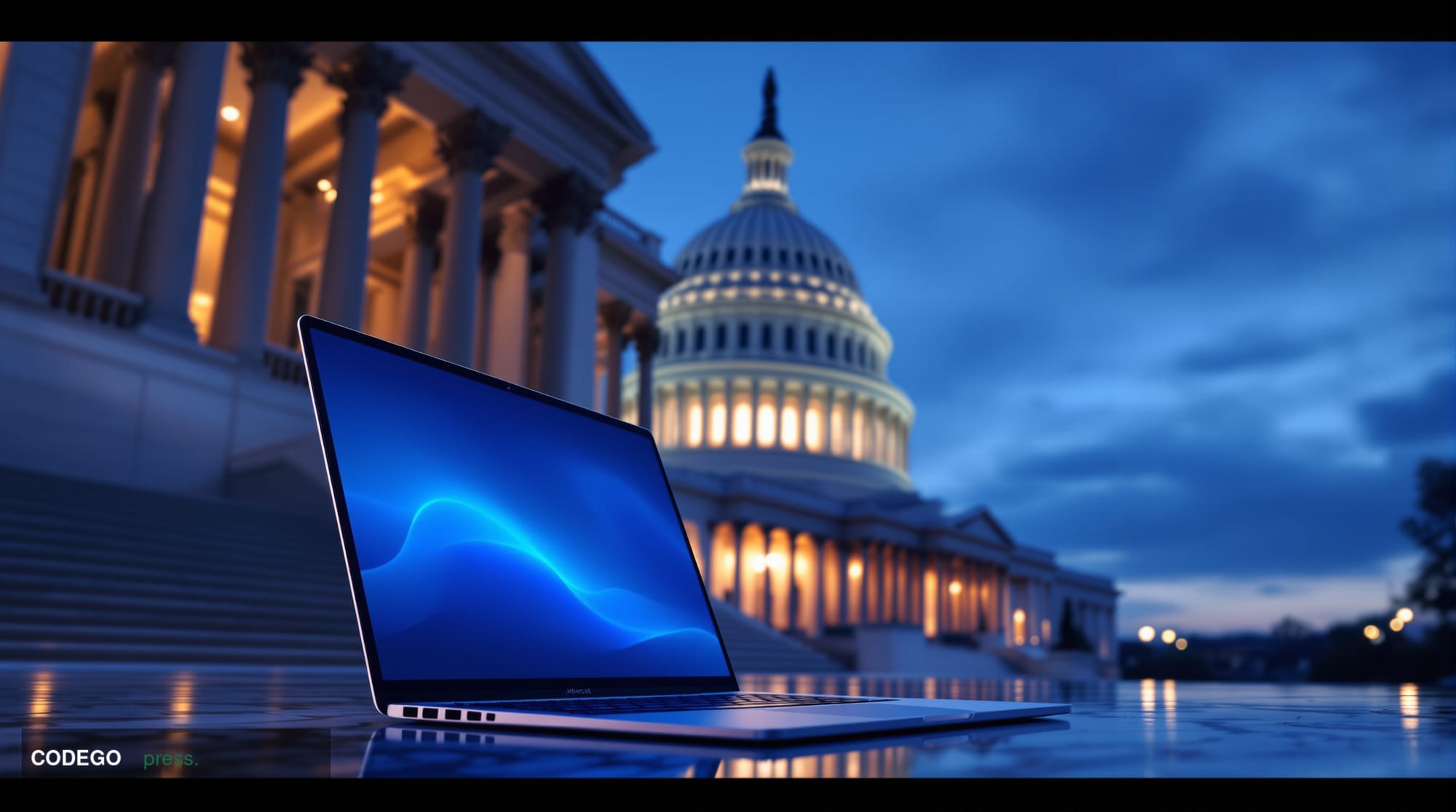 A dramatic cinematic editorial photograph of the United States Capitol building's neoclassical dome and marble steps shot fro