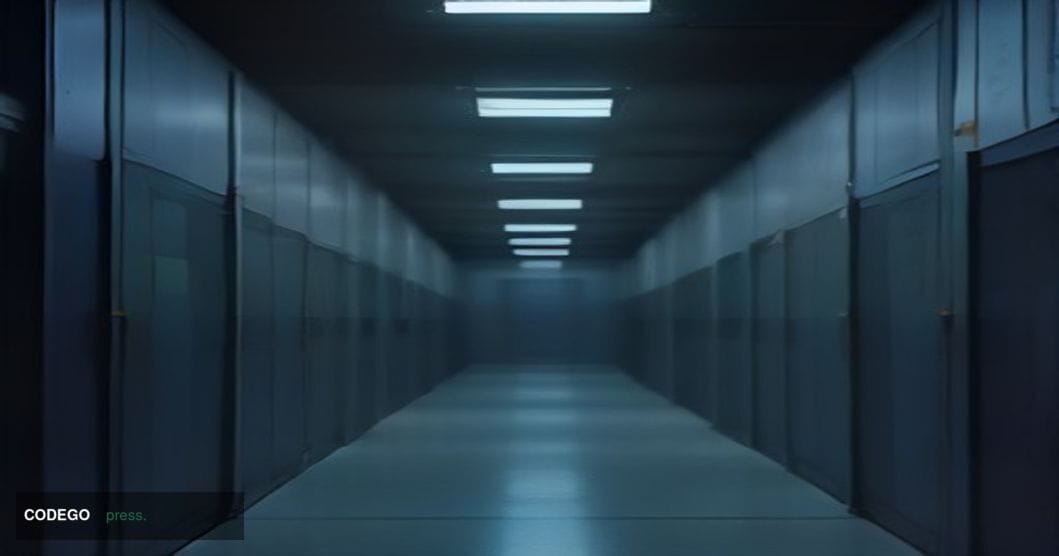 A cinematic editorial photograph set inside a vast, dimly lit high-security data center facility, shot from a low angle looki