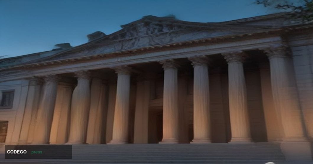 A stately neoclassical government building exterior in Washington D.C., photographed at dusk from a low angle looking upward,
