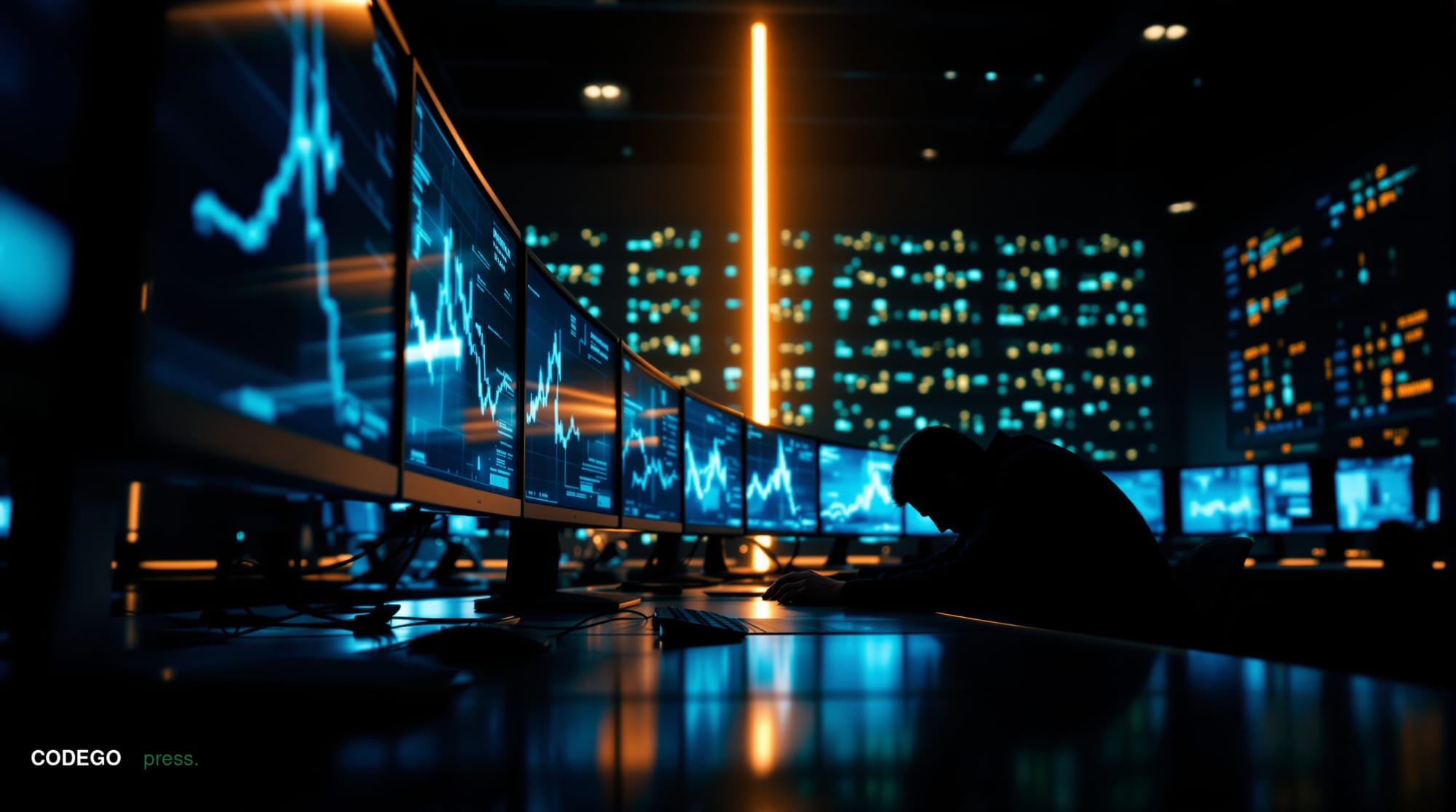 A dramatic cinematic editorial photograph set inside a dimly lit cryptocurrency trading floor environment, featuring multiple
