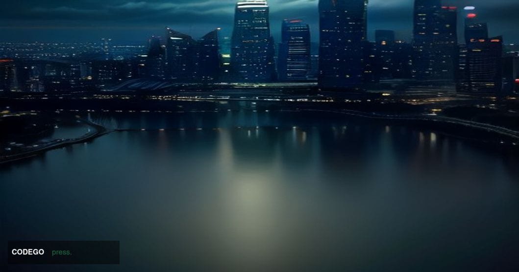 A cinematic editorial photograph of Singapore's central financial district skyline at dusk, viewed from a low angle across th