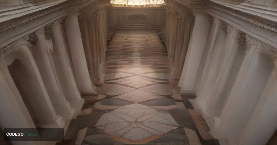 A dramatic split-perspective aerial shot looking down a grand marble-floored government corridor in Washington D.C., the hall