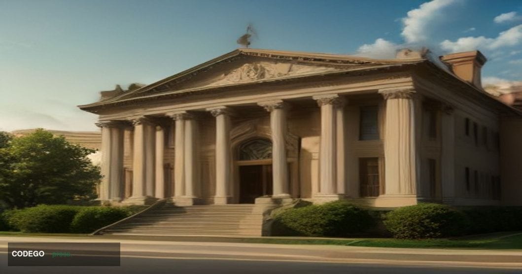 A photorealistic editorial photograph of a grand neoclassical community bank building exterior at golden hour, situated at th