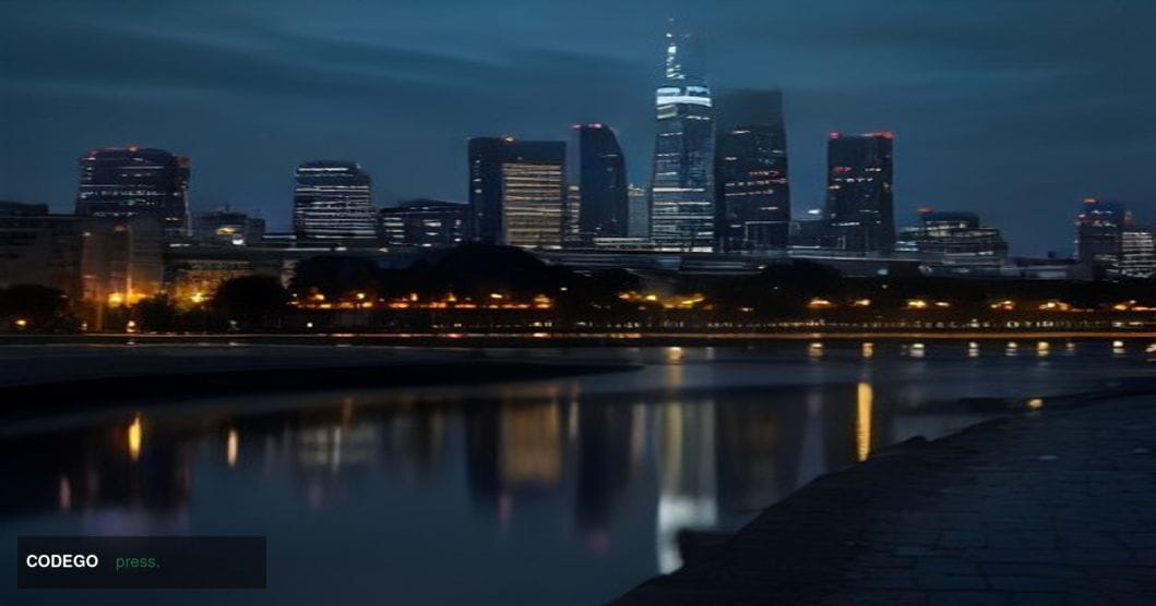 A photorealistic editorial photograph set in Frankfurt, Germany's financial district, at dusk. The iconic skyline of Frankfur