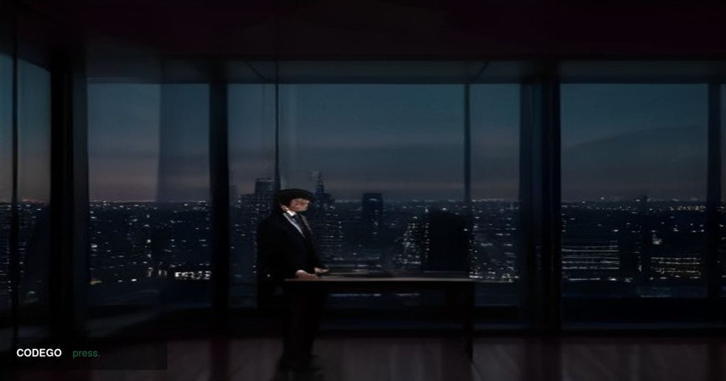 A cinematic editorial photograph set inside a grand, high-ceilinged investment banking floor in lower Manhattan, captured at 