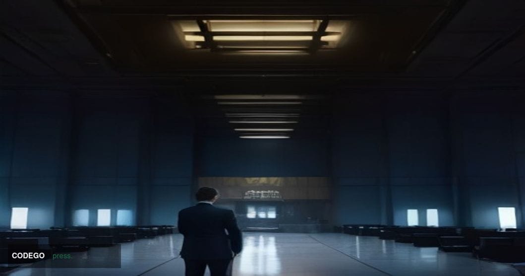 A cinematic photorealistic editorial photograph set inside a grand, high-ceilinged investment banking trading floor inspired 