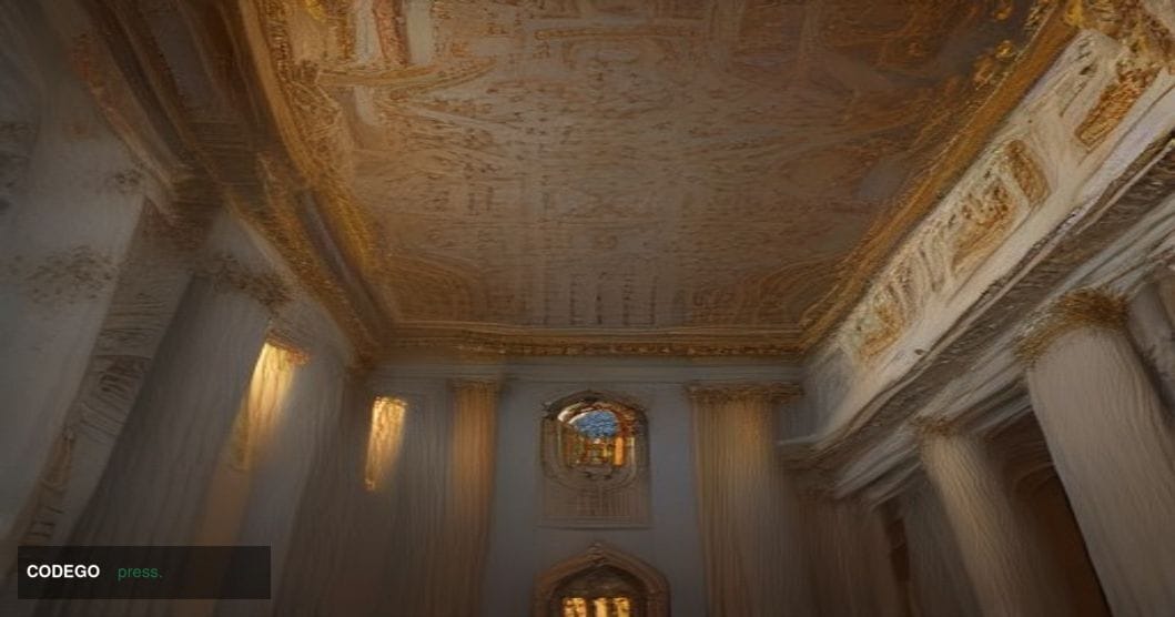 A dramatic wide-angle shot of a grand neoclassical banking hall interior at dusk, shot from a low angle looking upward toward