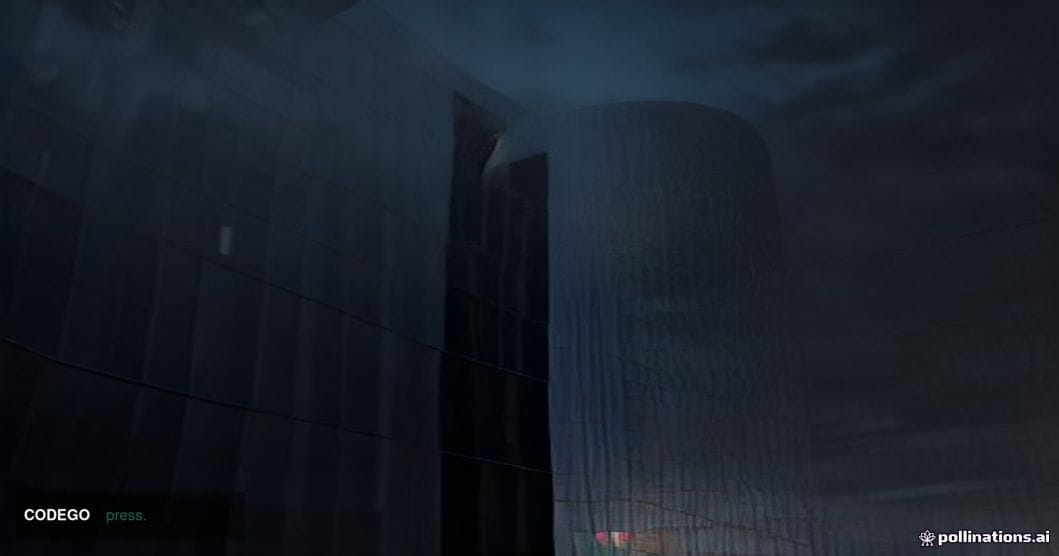 A dramatic cinematic editorial photograph shot from a low angle looking up at a towering glass-and-steel corporate technology