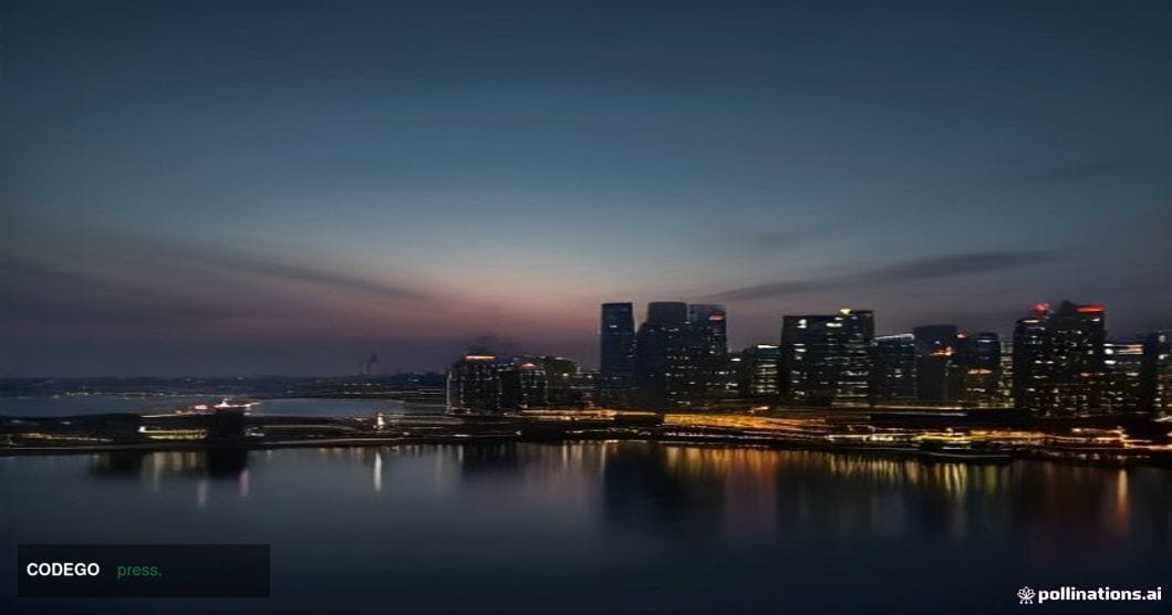 A cinematic editorial photograph of Singapore's Marina Bay financial district skyline at dusk, shot from a low angle across t