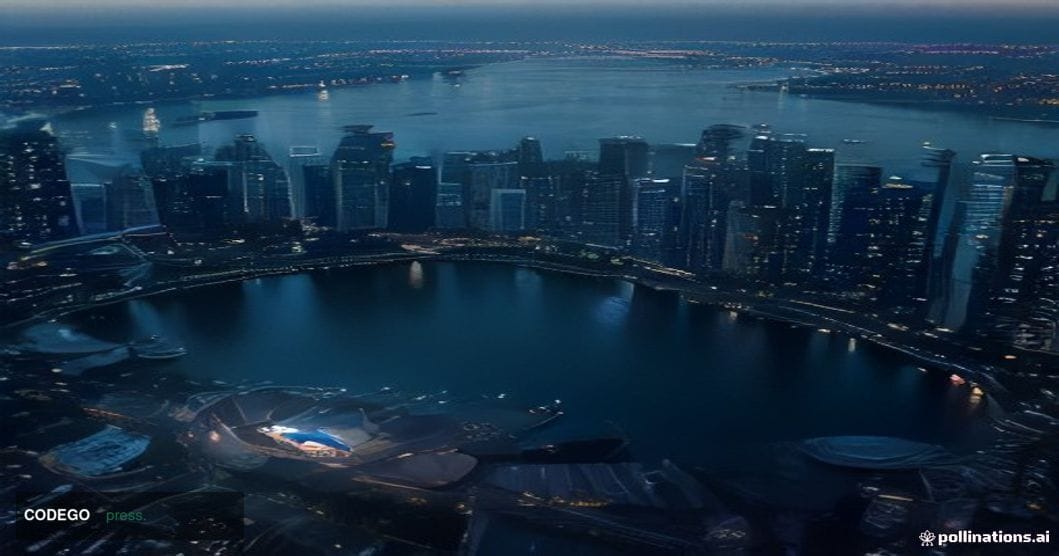 A sweeping cinematic aerial shot at dusk over the Singapore central business district skyline, with the iconic Marina Bay wat