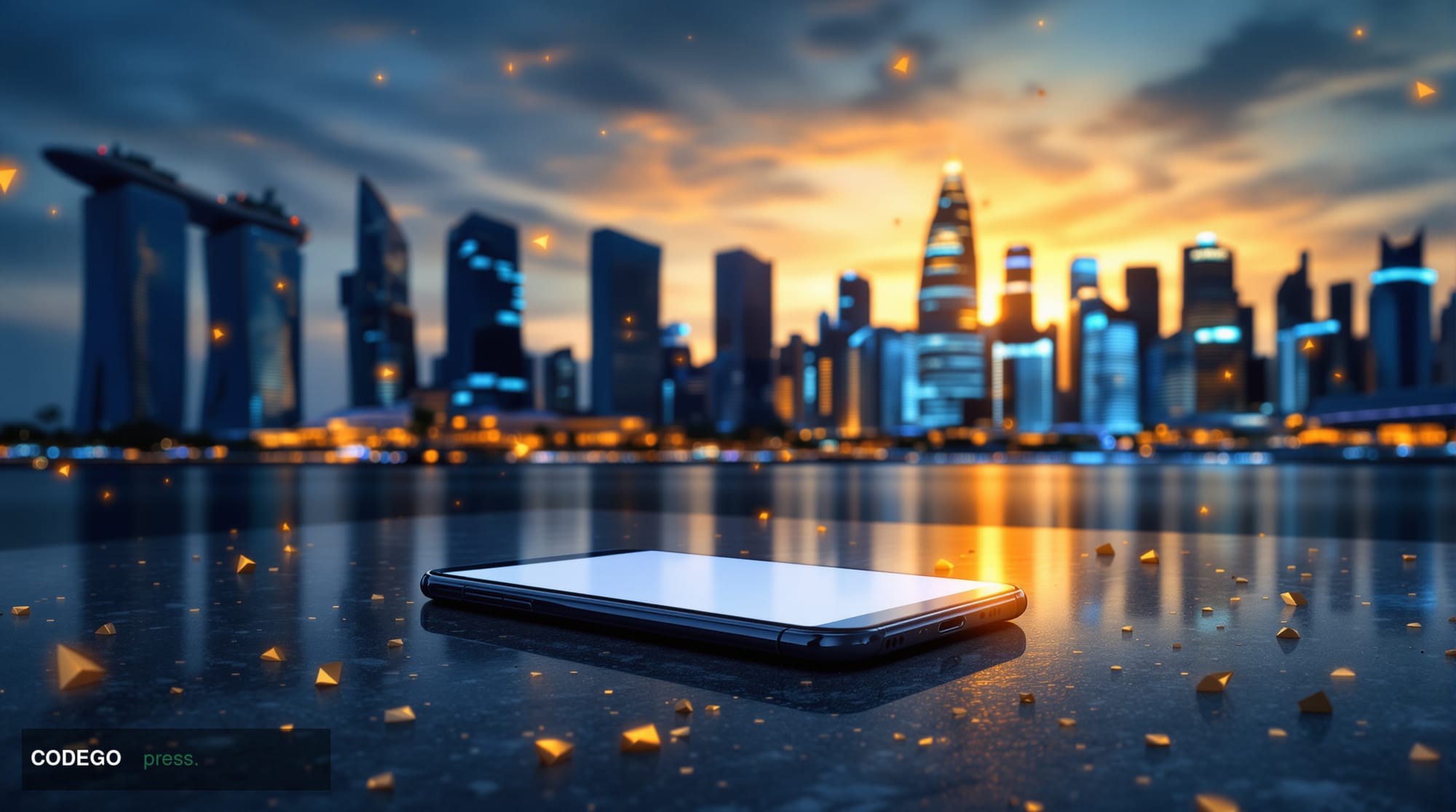 A cinematic editorial photograph shot at ground level looking upward at a gleaming Southeast Asian financial district skyline