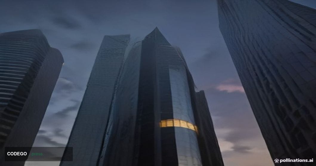 A cinematic editorial photograph taken from a low angle looking up at a gleaming modern glass-and-steel corporate tower in Si