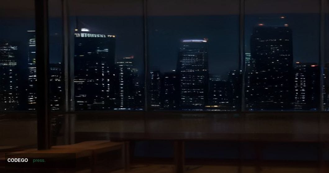 A cinematic editorial photograph set in Singapore's central business district at twilight, with the Marina Bay financial skyl