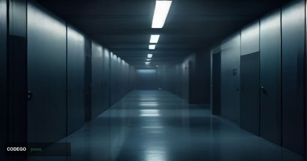 A dramatic cinematic editorial photograph of a desolate, modernist glass-and-steel server facility corridor at twilight, shot
