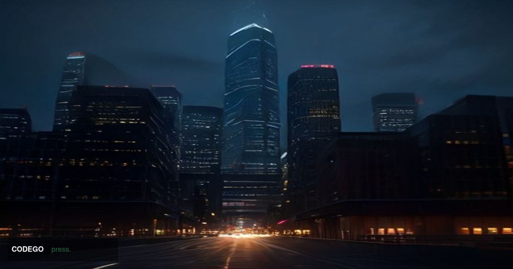 A cinematic photorealistic editorial photograph set in a sleek, modern financial district at dusk, blending Asian architectur