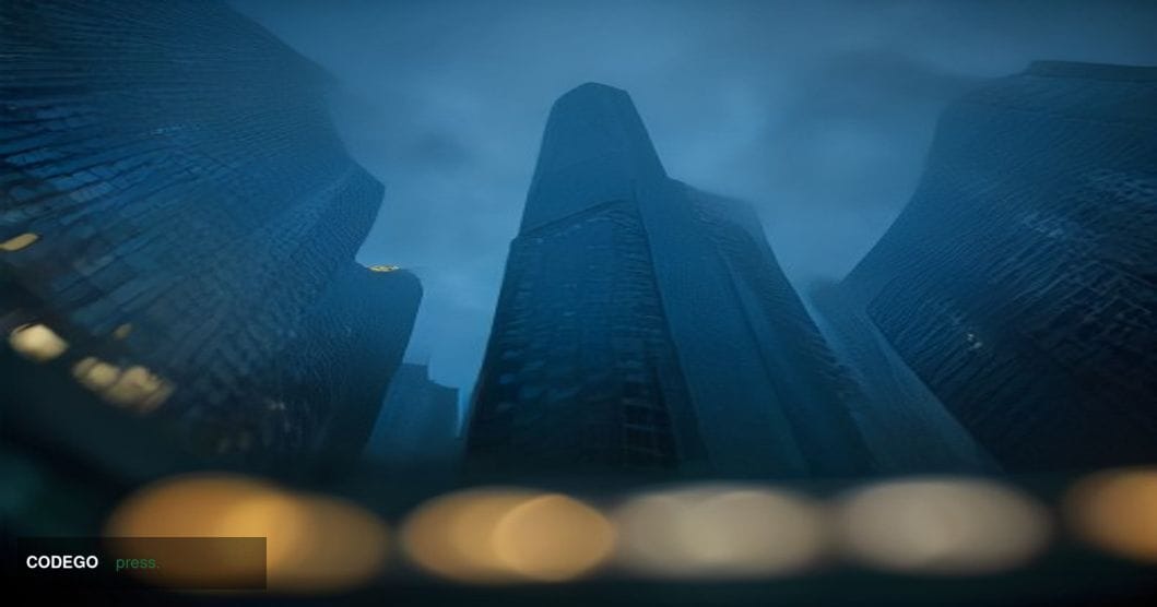 A dramatic close-up editorial photograph taken at a low angle in Hong Kong's Central financial district at dusk, with the ico