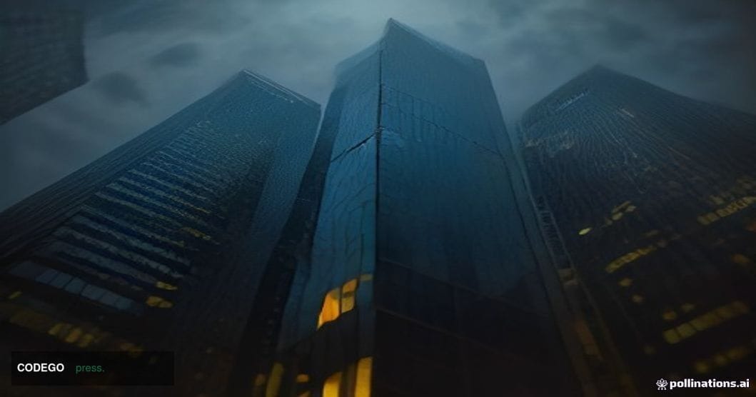 A cinematic editorial photograph set in Hong Kong's Central financial district at dusk, shot from a low angle looking up at t