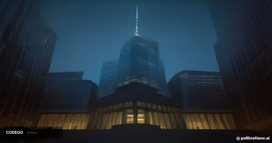 A cinematic editorial photograph of a sleek, glass-and-steel Hong Kong financial district courthouse exterior at dusk, shot f