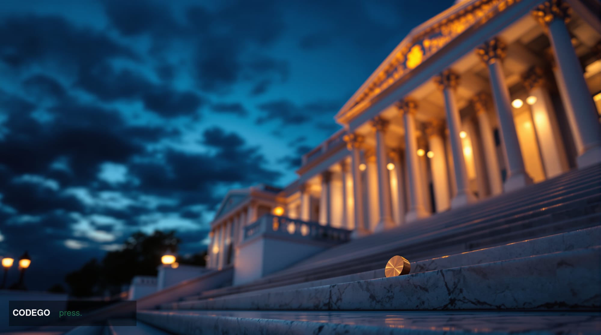A dramatic wide-angle shot of the United States Capitol building's neoclassical stone facade at dusk, viewed from a low camer