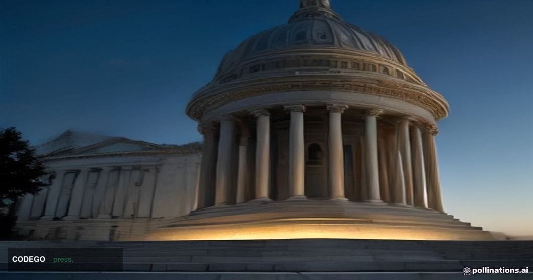 A dramatic low-angle shot of the United States Capitol Building's neoclassical stone facade at dusk, captured from the west f