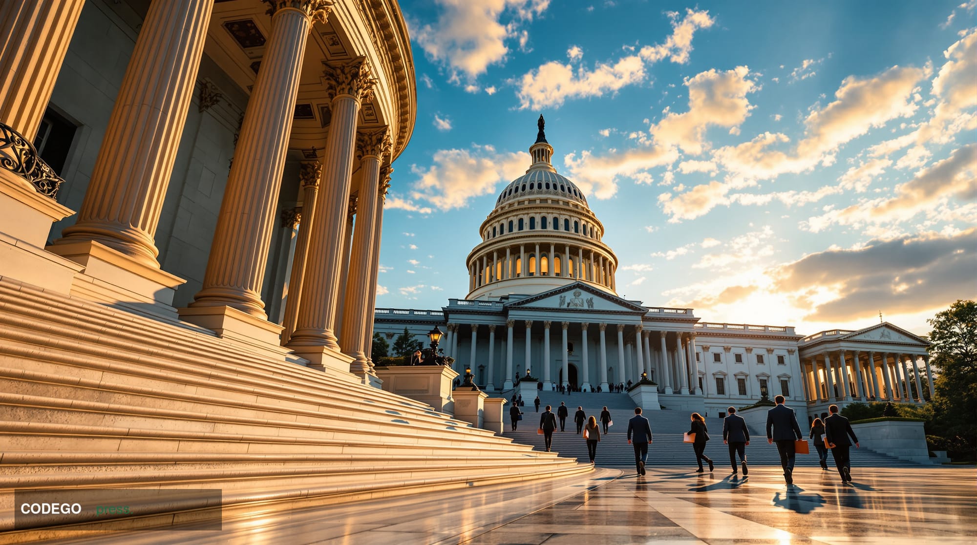 A wide-angle cinematic shot of the United States Capitol building's West Front at golden hour, captured from a low camera ang