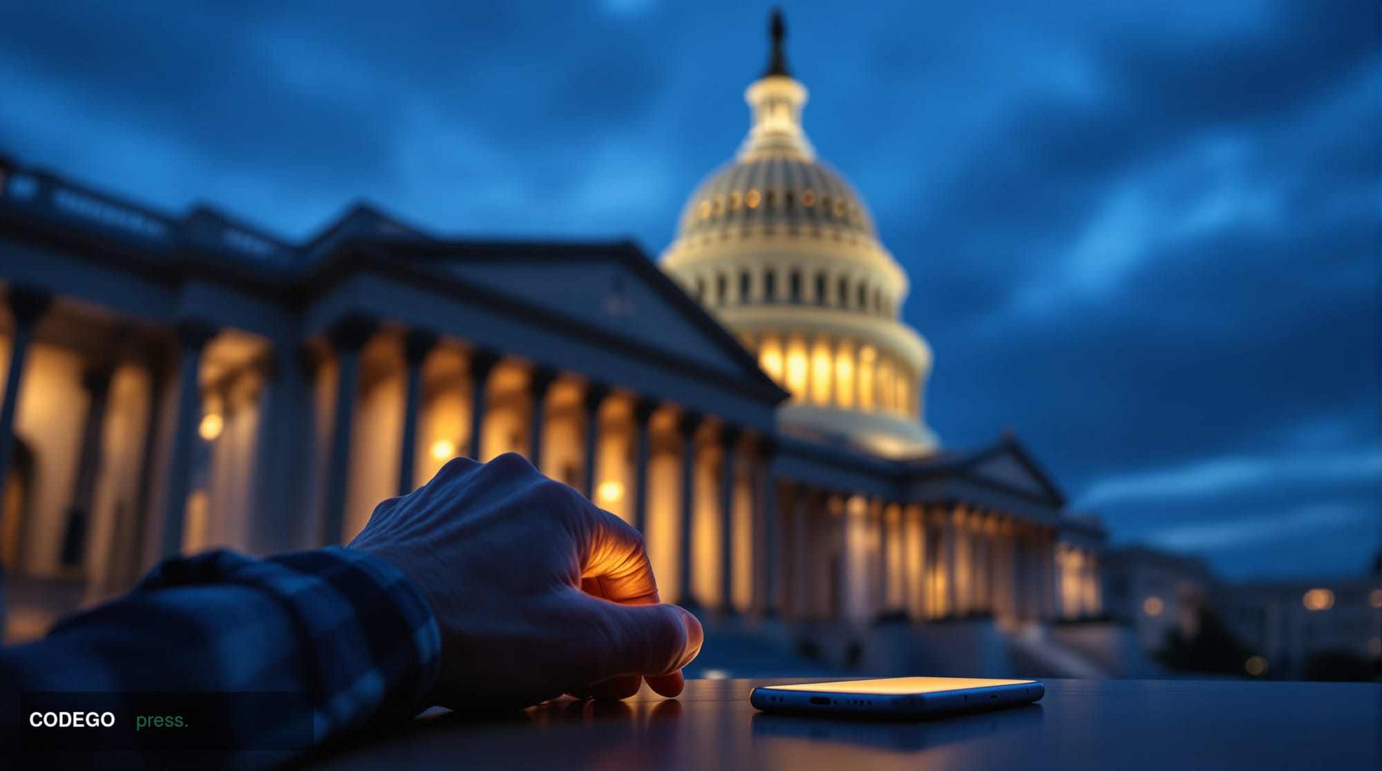 A cinematic editorial photograph shot from a low angle looking up at the neoclassical stone columns of the U.S. Capitol build