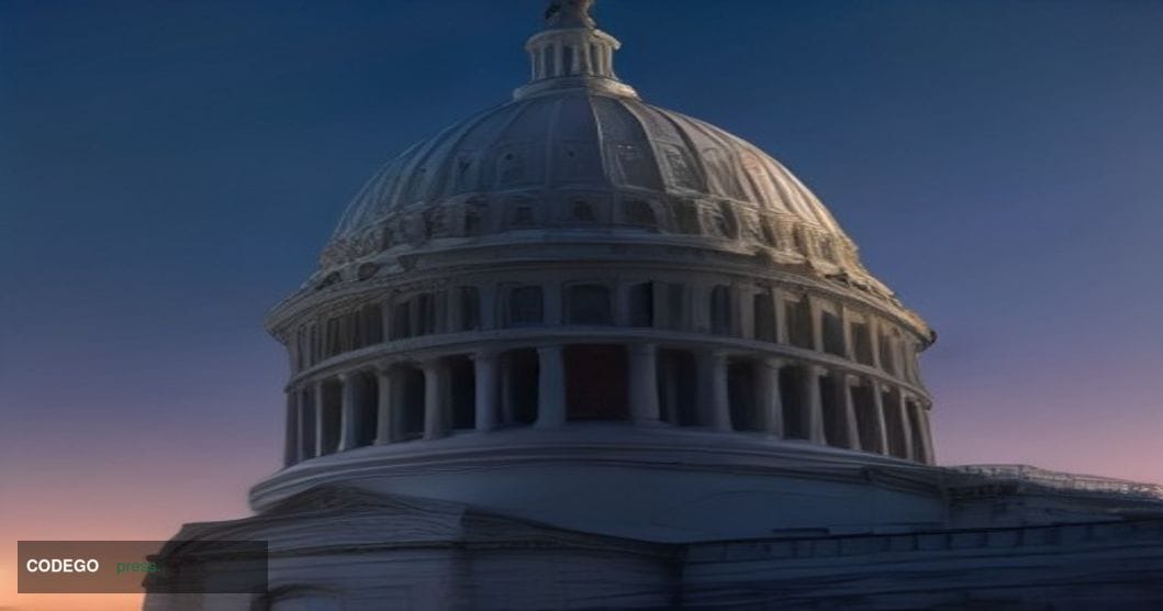 A wide-angle cinematic shot of the United States Capitol building in Washington D.C. photographed at dusk from a low ground-l