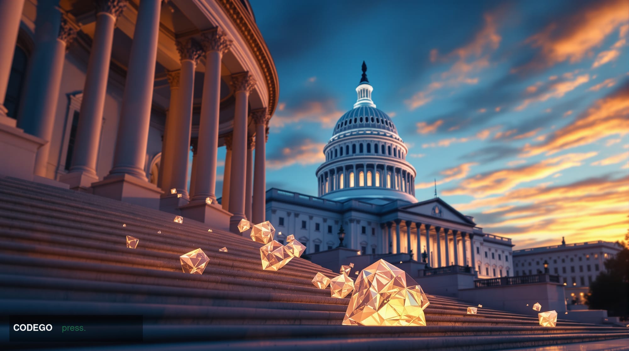 A dramatic wide-angle, low-perspective shot of the United States Capitol Building's neoclassical white marble dome and grand 