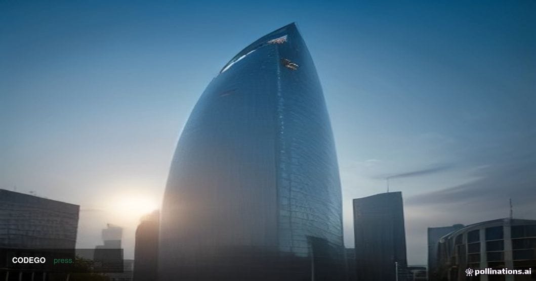A sweeping photorealistic editorial photograph of the European Central Bank's iconic Frankfurt headquarters at dawn, its curv