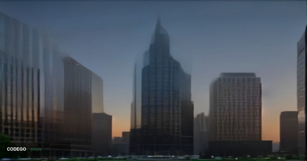 A sweeping exterior shot of a Midwestern American regional bank headquarters at golden hour, glass and steel corporate tower 